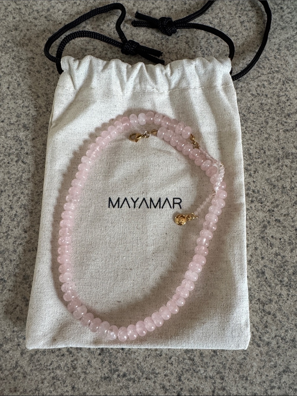 Mayamar Pink quarts Beaded Necklace with Gold Accents, with a 3 inch extender